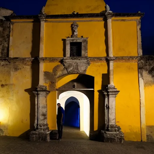 Prompt: a picture of a man standing in front of an arch in antigua guatemala at night