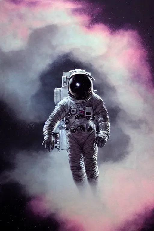 Image similar to close up shot of a full body floating astronaut smoke elemental fading into white smoke, high contrast, james gurney, peter mohrbacher, mike mignola, black paper, mandelbulb fractal, trending on artstation, exquisite detail perfect, large brush strokes, bold blacks and pinks and blues tones, intricate ink illustration, black background