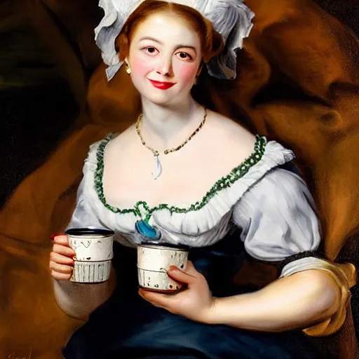 Image similar to heavenly summer sharp land sphere scallop well dressed lady holding a starbucks coffee cup, auslese, by peter paul rubens and eugene delacroix and karol bak, hyperrealism, digital illustration, fauvist, starbucks coffee cup