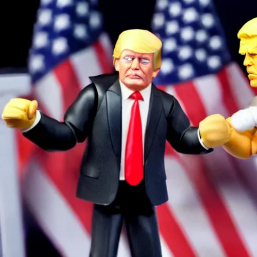 Prompt: joe biden and donald trump action figures fighting in a boxing ring