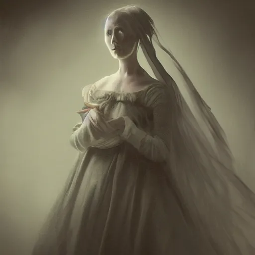 Prompt: “hyper realistic digital painting of ghost woman in Victorian gown on haunted train, horror, trending on artstation, atmospheric lighting”