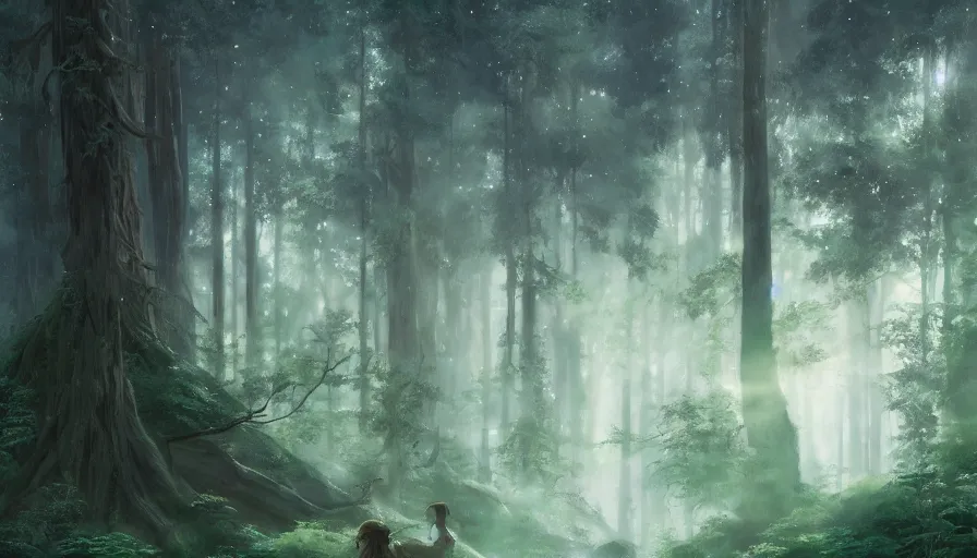 Prompt: beautiful ancient forest, matte painting, beautifully painted, beautiful lighting, enchanted forest, jeremy lipking, studio ghibli, princess mononoke, 8 k, rays of light, amazing detail, princess mononoke background paintings, hayao miyazaki, kazuo oga, enchanted lighting, contrast, rule of thirds