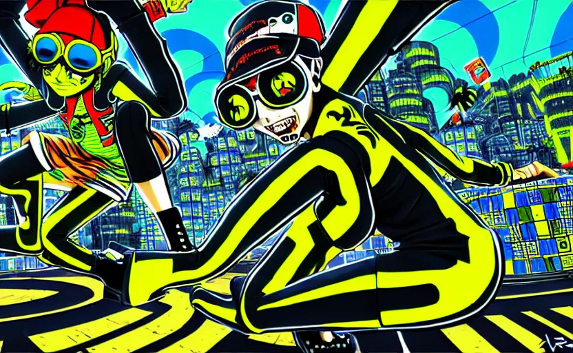 Prompt: jet set radio future jsrf. extremely intricate and detailed, junji ito, uzumaki, manga, anime, adrian ghenie, and james jean. 8 k cinematic lighting, hyper realism