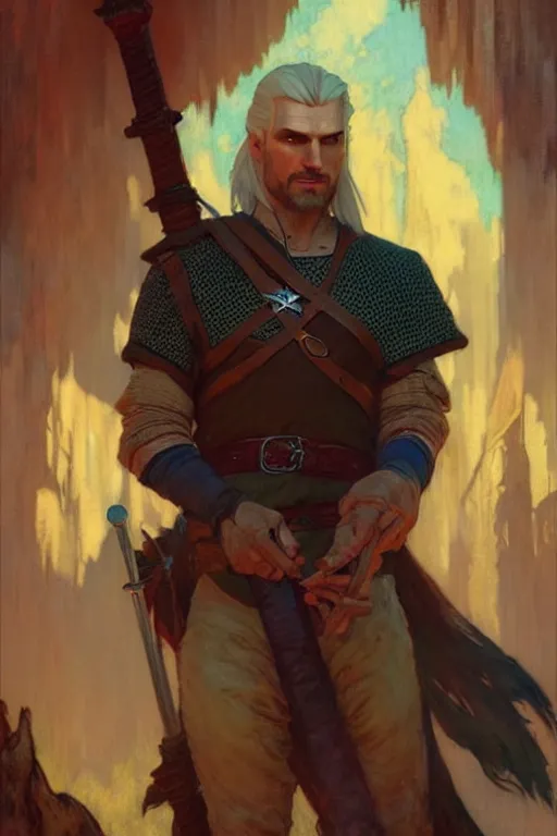 Image similar to attractive man, witcher, cool colors, painting by gaston bussiere, craig mullins, greg rutkowski, alphonse mucha