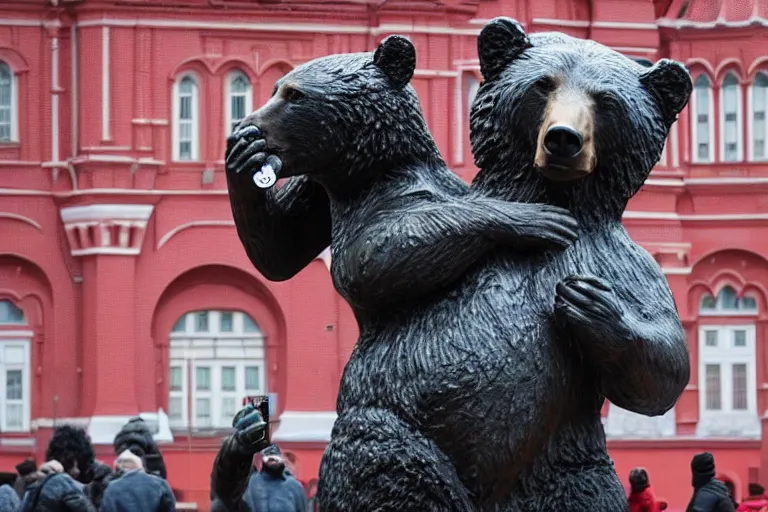 Image similar to a gigantic statue of bear holding vodka in the middle of the red square, excited russians, symmetry, awesome exposition, very detailed, highly accurate, 8 k