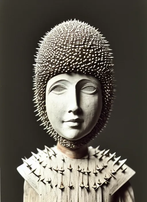 Image similar to realistic photo of a a medieval wooden girl doll sculpture dressed white spherical hat helmet, covered in spikes pattern, black brushwood, greyscale grain 1 9 6 0, life magazine photo, natural colors, metropolitan museum, kodak