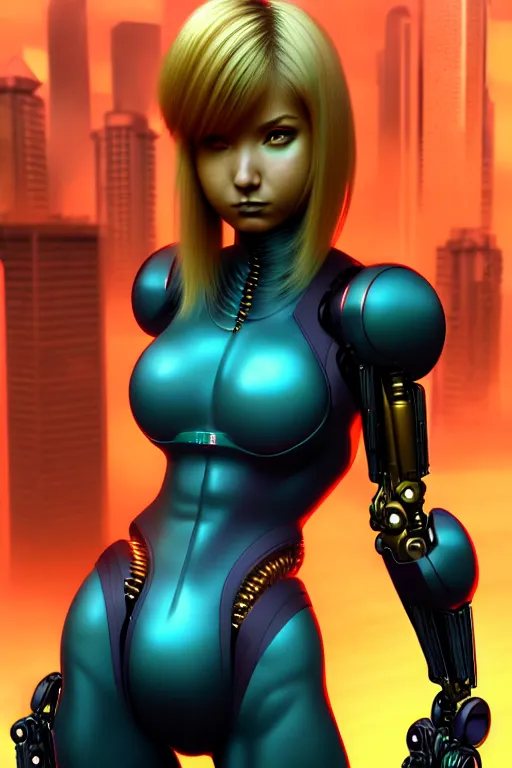 Prompt: 3 / 4 portrait of samus aran, kowloon cyberpunk cityscape, biomechanical oppai, rain, dark science fiction, by artgerm and clay mann and sorayama and alphonse mucha, trending on artstation, octane render