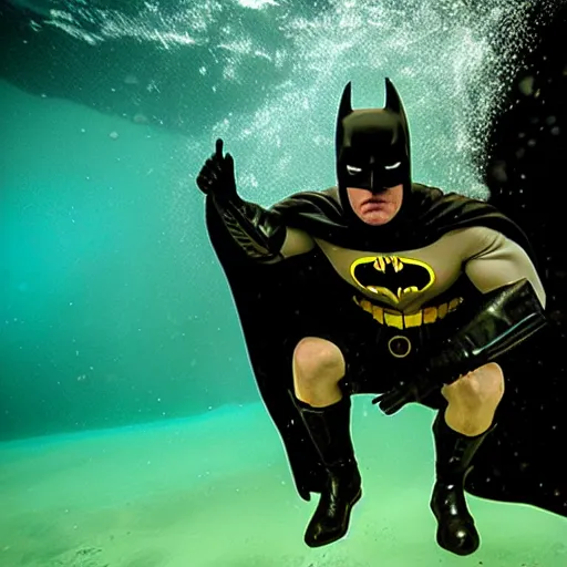 Prompt: batman, dark knight, underwater photography and light scattering, water refractions turned out impressive imho,