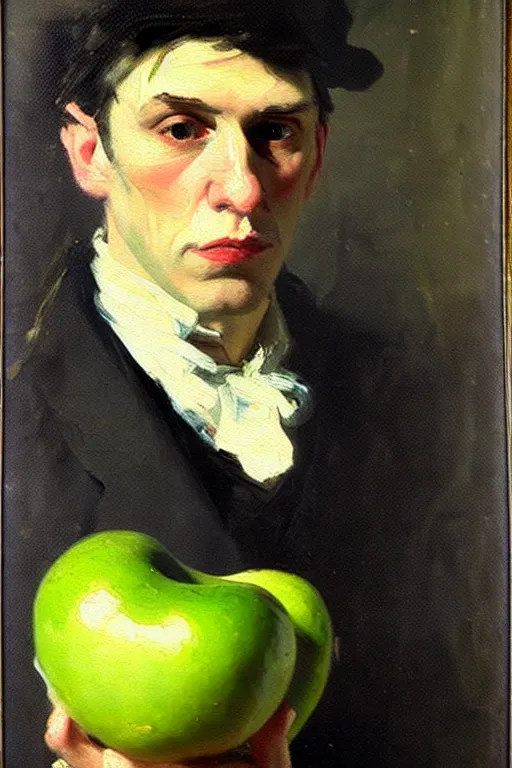 Prompt: impressionist brushstrokes!!!! picasso and and richard schmid and jeremy lipking victorian loose genre loose painting full length portrait painting of a victorian male vampire holding a green apple