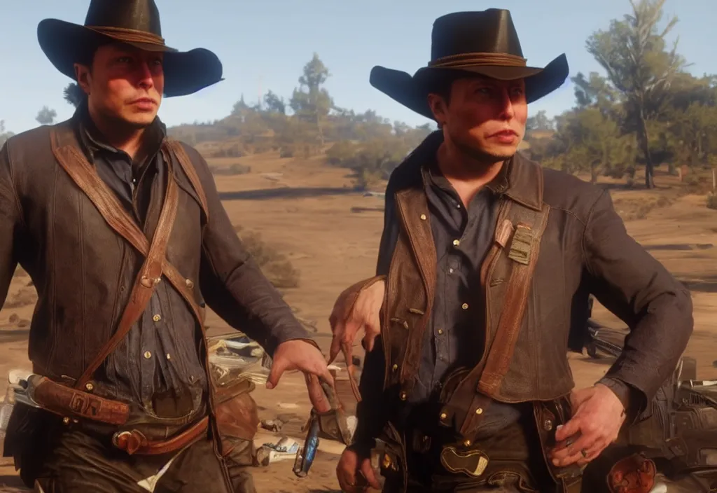 Image similar to elon musk in the red dead redemption 2, elon musk in the video game red dead redemption 2, gameplay screenshot, close up, 3 d rendering. unreal engine. amazing likeness. very detailed.