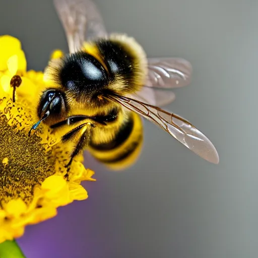 Prompt: a bee looking straight in to the camera, macro photography, ambient light, perfect focus