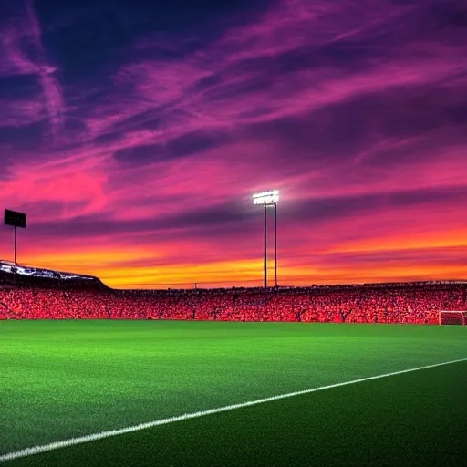 Prompt: soccer stadium, full crowd, detailed soccer field, high def, modern looking stadium, 8 k, hd, colourful sunset sky,