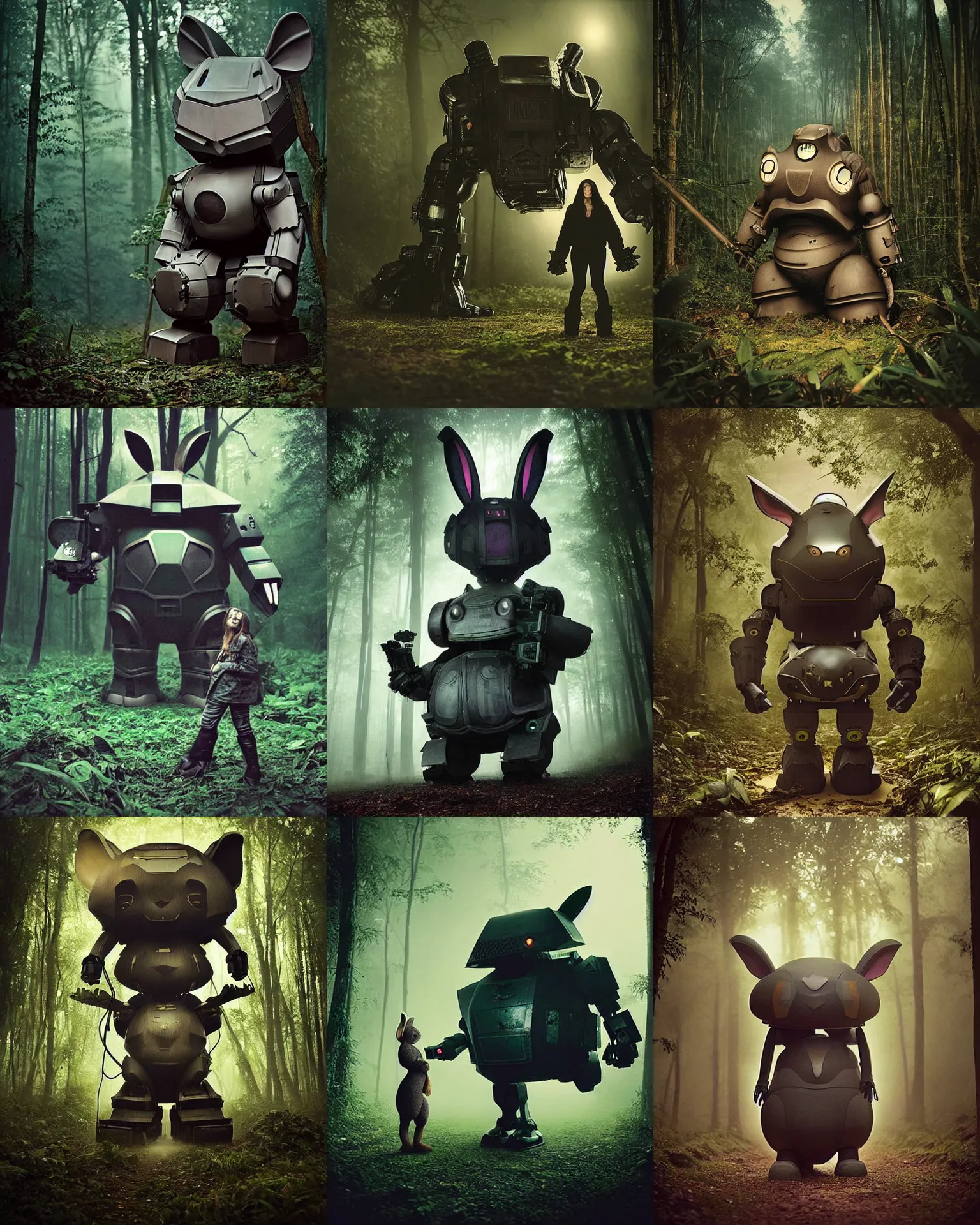 Prompt: dark night !!!giant oversized battle rabbit robot chubby fat mech with big ears , in jungle forest !!! , full body , nighttime, Cinematic focus, Polaroid photo, vintage , neutral dull colors, foggy ,by oleg oprisco , by victor enrich , by gregory crewdson , by discovery channel , by most wanted