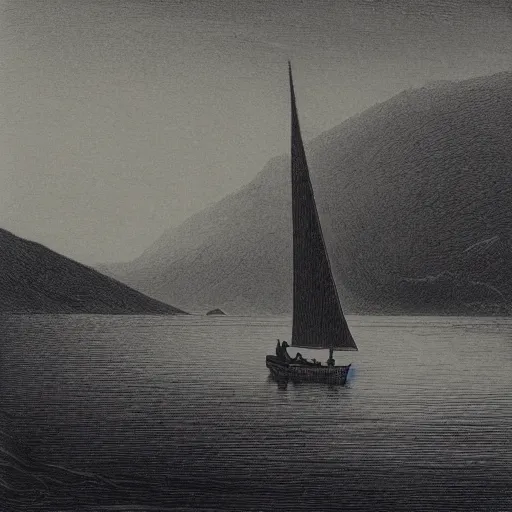 Image similar to sailboat on a lake, gustave dore lithography