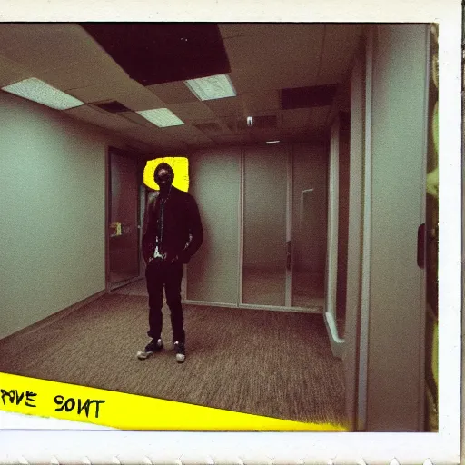 Image similar to A polaroid photograph of Travis Scott standing in an empty endless office space, yellow patterned wallpaper on the walls, moist dirty carpet, unnatural fluorescent warm lights lighting the scene