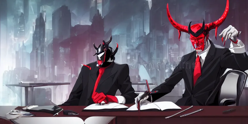 Image similar to dark lord sitting at desk large horns and suit, medium shot, portrait, semi realistic anime, red demon cyberpunk symbols