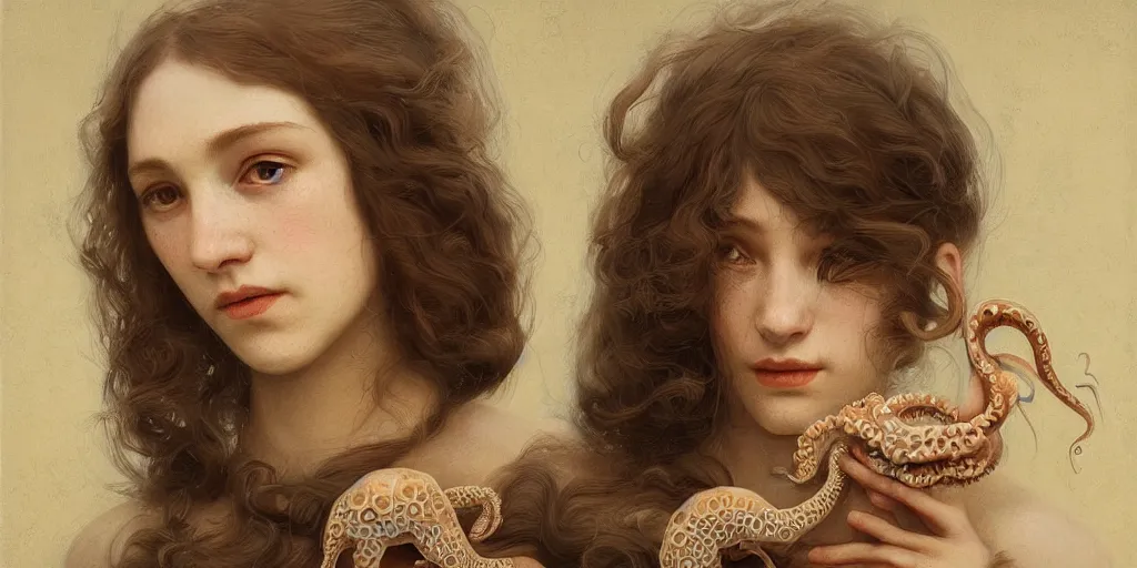 Image similar to An incredible detailed portrait of a young woman and an octopus, in the style of pre-Raphaelite, by Goro Fujita, Tom Bagshaw, trending on Artstation, 8k, masterpiece, fine detail, full of color, intricate detail