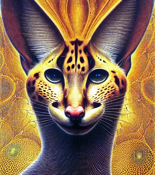 Image similar to detailed realistic beautiful serval goddess face portrait by jean delville, gustave dore, iris van herpen and marco mazzoni, art forms of nature by ernst haeckel, art nouveau, symbolist, visionary, gothic, neo - gothic, pre - raphaelite, fractal lace, intricate alien botanicals, ai biodiversity, surreality, hyperdetailed ultrasharp octane render