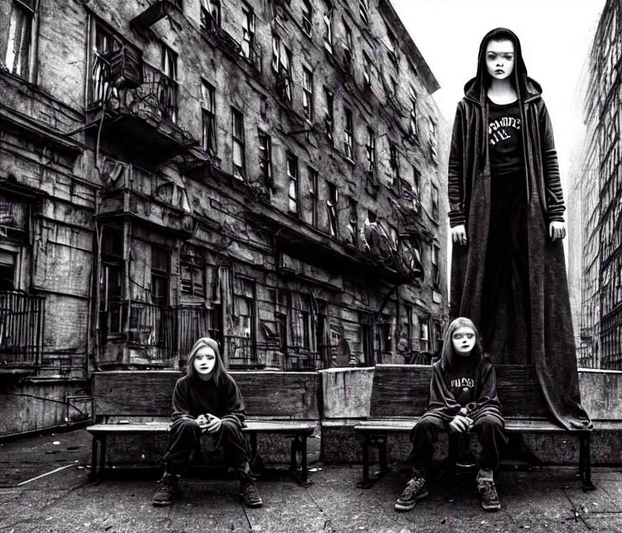 Prompt: mid shot of sadie sink in hoodie sits on bench in ruined square, pedestrians walk by | steampunk tenement windows in background : storyboard, scifi cyberpunk. by gabriel hardman. cinematic atmosphere, detailed and intricate, perfect anatomy