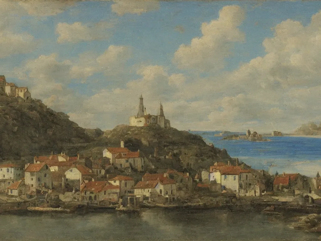 Image similar to a small village, viewed from the harbor, by jean - baptist monge,