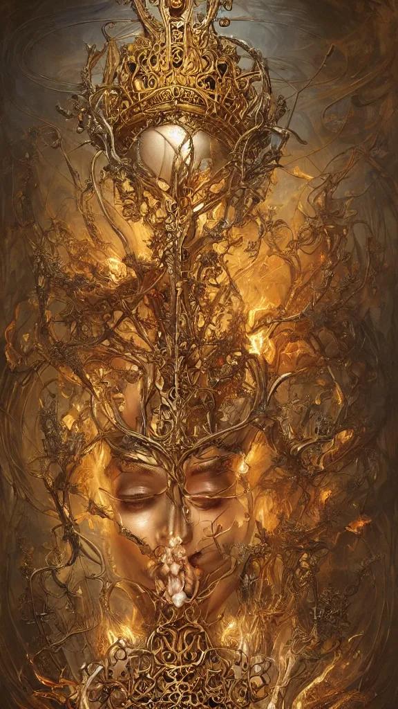 Prompt: breathtaking detailed soft close up painting a skeleton and a crown on its head an intricate metal throne, art nouveau crown of twisted gold, detailed art nouveau stained glass of flames, highly detailed, artstation, concept art, matte, sharp focus, art by tom bagshaw, peter mohrbacher, james jean, and greg rutkowski