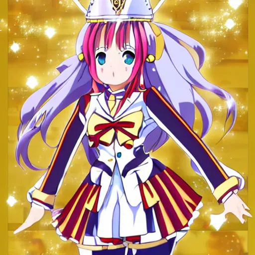 Prompt: An anime magical girl with long blond ponytails, dressed in a sailor-suit school uniform inspired attire, wearing a golden tiara in her forehead, white elbow-length gloves and red thigh-high boots