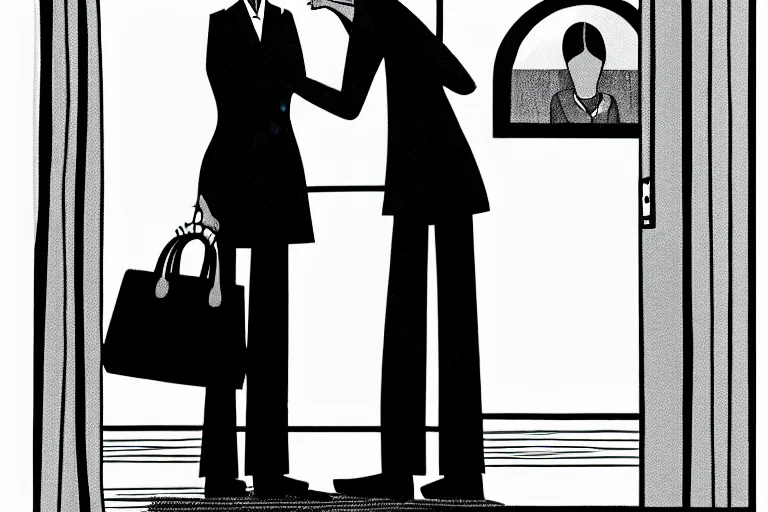 Image similar to tall, security guard checks the bags of a worried looking woman, art in the style of the new yorker, ed koren