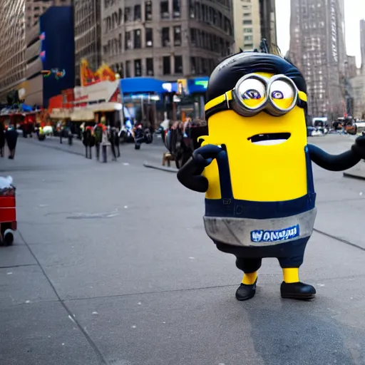 Image similar to 4 k photo of a giant minion walking in new york city, tourists are running in fear