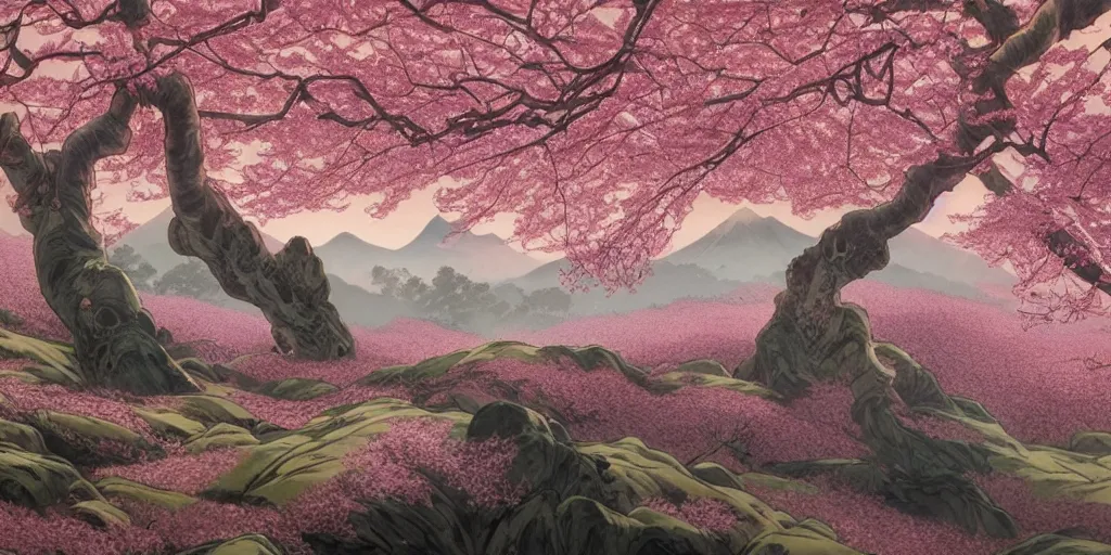 Image similar to japanese ink painting of a blooming cherry blossom forest with mountains in the background, highly detailed, vivid colors, cinematic lighting, 8 k, trending on artstation, art by artgerm and greg rutkowski and alphonse mucha