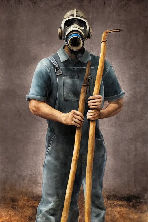 Image similar to a man in overalls and a gas mask with a helmet, holding a pickaxe in one hand and lowered the other, standing against the background of a heart, superrealism, high-quality details, realistic materials, attention to detail, elaborated depth of field, high-quality composition