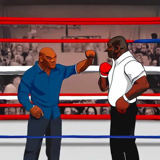 Prompt: a photorealistic image of Mike Tyson squaring off in a boxing ring against Biden, highly detailed, well focused, artstation