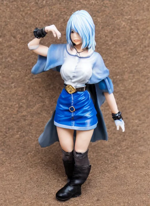 Image similar to 80mm resin detailed miniature of a female alchemist with short blue hair wearing a short dress, white stockings, leather boots and cape, Product Introduction Photos, 4K, Full body