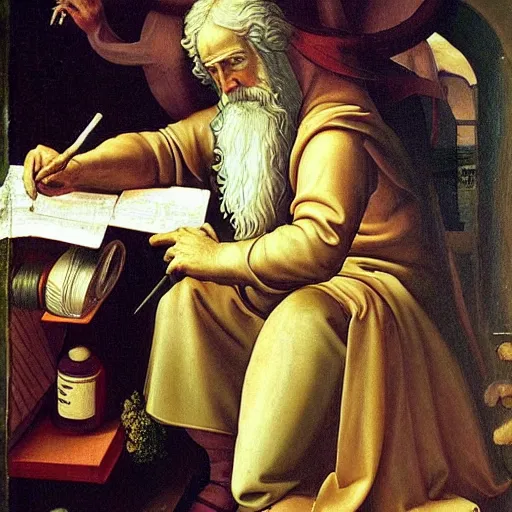 Prompt: masterful renaissance painting of father time working diligently in a futuristic apothecary - n 6