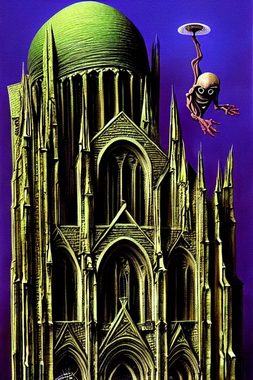 Image similar to a hyperrealistic painting of a flying biopunk alien monstrosity eating a cathedral, by chris cunningham and richard corben, highly detailed, vivid color,