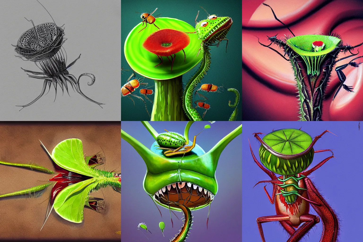 Prompt: a venus flytrap eating an insect, beatiful, highly detailed, smooth, sharp focus, artistation, concept art, illustration