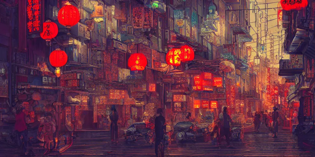 Image similar to old chinatown that never sleeps, neon lights, mythology, fairy tale, urban landscape, evening, highly detailed, low angle view, artstation, in the style of aetherpunk