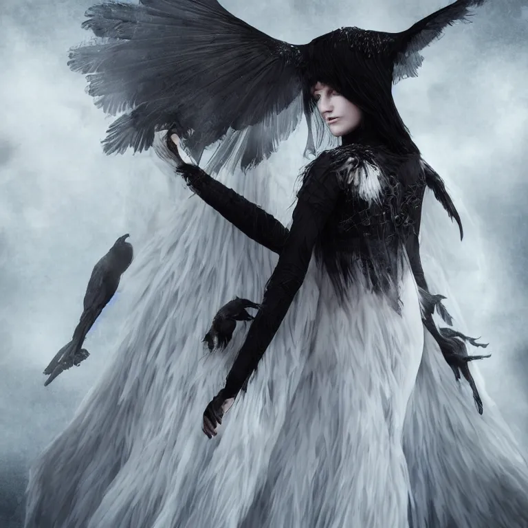 Image similar to hight focus of a wonderful realistic focused sweet wonderful symmetrical mid portrait of a demonic witch with a detailed wonderful, majestic, large semi transparent white cotton dress like as a realistic black raven, dramatic light, octane render - 8 k