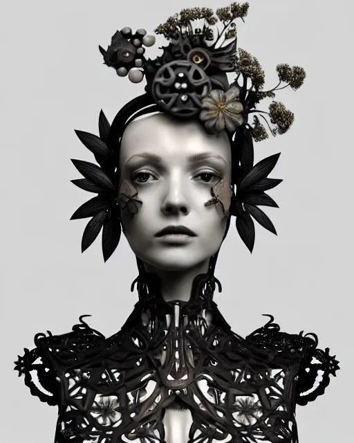 Image similar to monochrome 3 d model, 1 9 3 0 picture, floral steampunk biomechanical beautiful young female cyborg with porcelain profile face and a techno eye, volumetric light, leaves foliage and stems, hibiscus flowers, boho vines, sinuous fine roots, fine foliage lace, alexander mcqueen, rim light, big gothic fashion pearl embroidered collar, octane render, 8 k