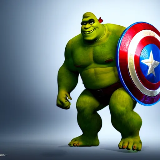 Image similar to digital painting of Shrek as Captain America, octane render, volumetric lightening, by marvel