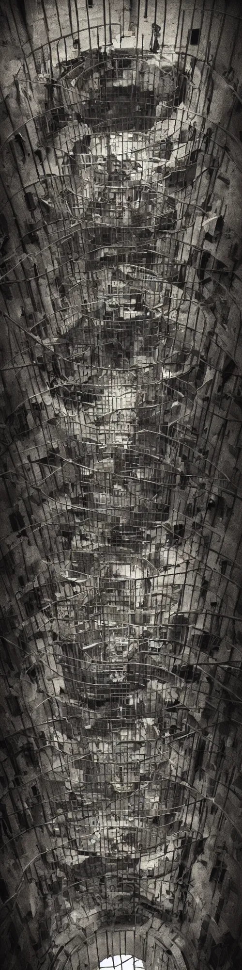 Image similar to a vertical prison in a pit with a hole in the center where every day a platform full of food goes up and down. dark style, filmography, cinematic lighting, side view