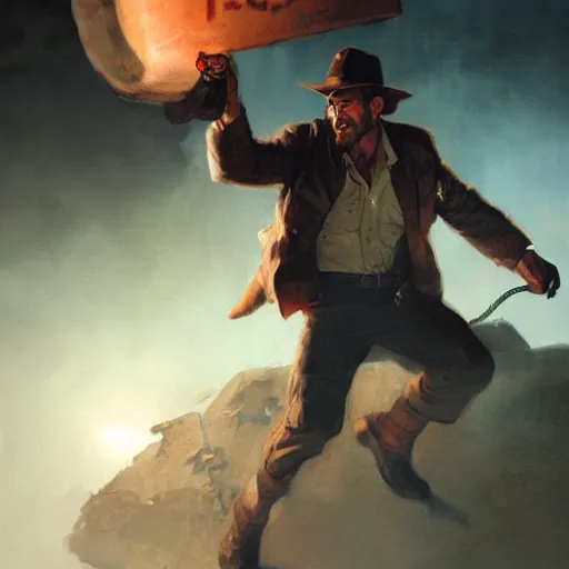 Image similar to close up indiana jones stealing a catalytic convertor, that is on a pedastal painted by greg rutkowski