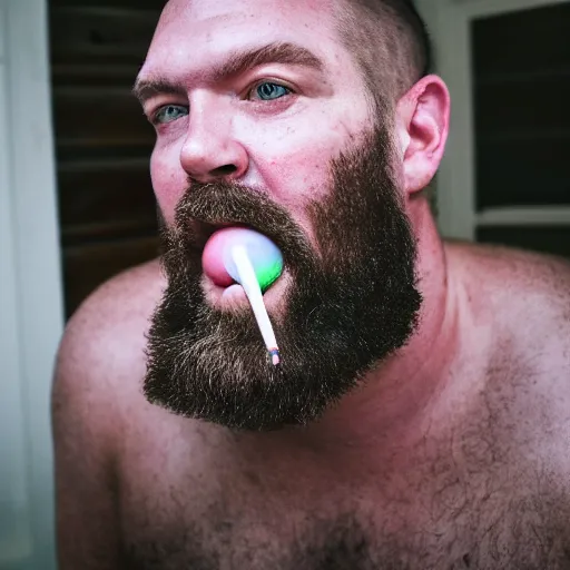 Prompt: six foot tall burly man named craig, eating crayons crayons stuffed into his mouth, chewing, eating, binging, sitting on a wooden chair, at evening, 4 k photograph