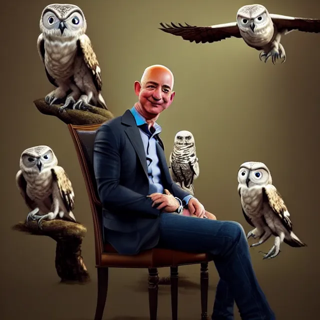 Prompt: epic professional digital art of Jeff Bezos sitting in a chair, surrounded by owls, best on artstation, cgsociety, wlop, Behance, pixiv, astonishing, impressive, outstanding, epic, cinematic, stunning, gorgeous, much detail, much wow, masterpiece.