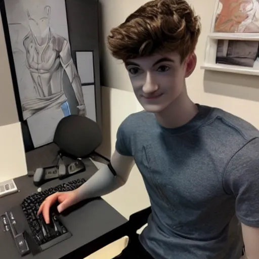 Image similar to “a realistic detailed photo of a guy who is an attractive humanoid who is half robot and half humanoid, who is a male android, twitch streamer Ninja Tyler Blevins, shiny skin, posing like a statue, blank stare, on a gaming chair streaming”