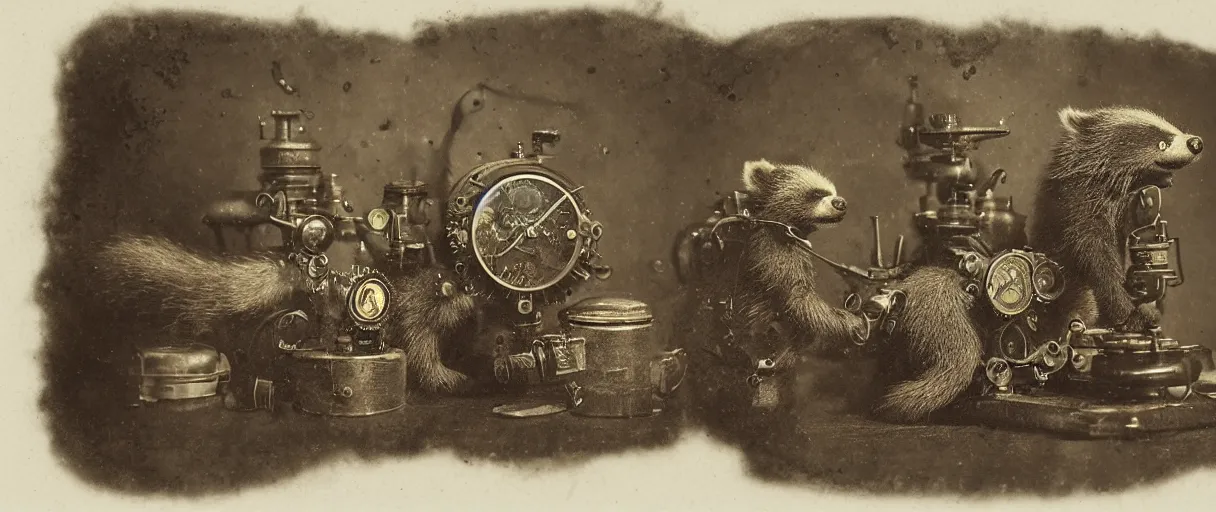 Image similar to detailed daguerreotype of a honey badger as watchmaker in workshop, steampunk vintage style, wet collodion, steampunk mechanism, sepia, monochrome black and white, artistic photo from late xix century, high resolution, dark atmosphere