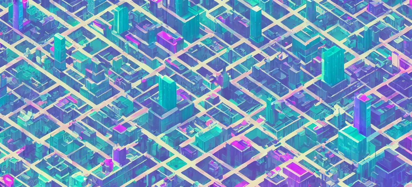 Prompt: vaporwave videogame city wallpaper, isometric, low poly, large,