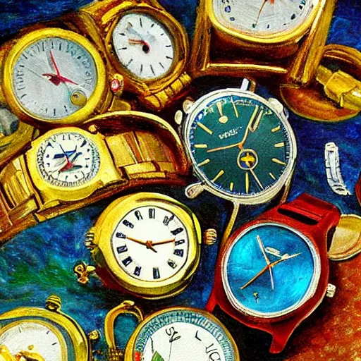 Image similar to an impressionist painting of a treasure chest full of wristwatches