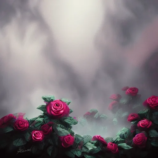 Prompt: Roses made of puffs of dark color smoke, hazy, atmospheric, inspiring, digital art, award winning, artstation,