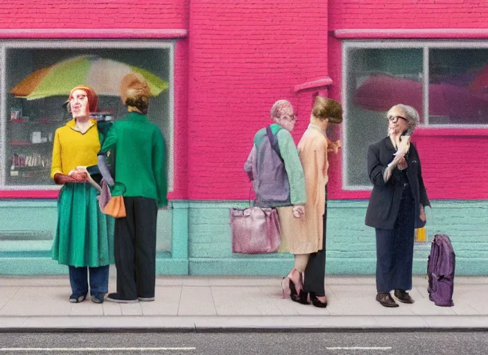 Prompt: cinematic mid shot of a high detail, woman's face looking off camera, with round glasses. where's wally, fine facial features. she stands in a pastel colourful 3 d, bus stop street scene by jeffrey smart and gregory crewdson and edward hopper, inspired by the grand budapest hotel, lots of pastel colour
