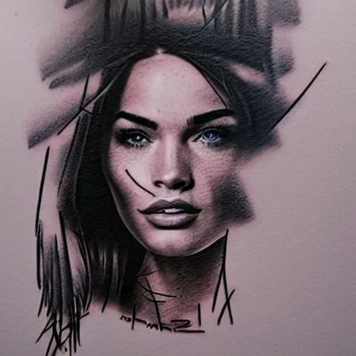 Image similar to double - exposure tattoo sketch of megan fox face and beautiful mountains, mash up, blending, in the style of dan mountford